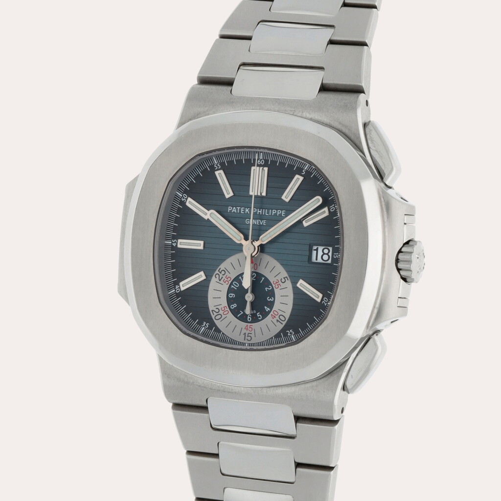 View full screen - View 1 of Lot 58. Nautilus, Reference 5980/1A-001 | A stainless steel flyback chronograph wristwatch with date and bracelet | Circa 2012.