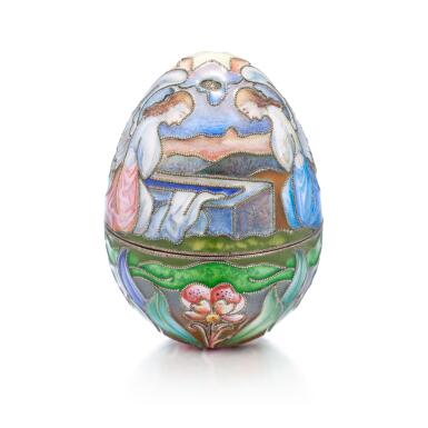 View full screen - View 1 of Lot 13. A Fabergé Silver-Gilt, Cloisonné and Pictoral Enamel Egg, Workmaster Feodor Rückert, Moscow, 1899-1908.