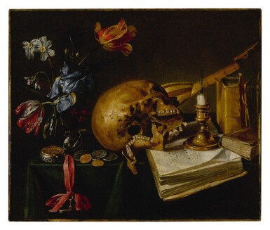 View full screen - View 1 of Lot 639. A still life with a skull, a music book, a snuffed-out candle, a bouquet of dying flowers and other vanitas objects on a table.