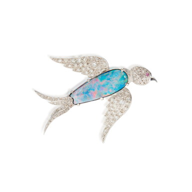 View full screen - View 1 of Lot 259. Opal Doublet, Diamond and Ruby Brooch.