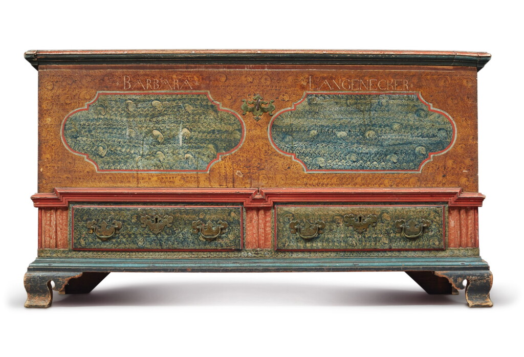 View full screen - View 1 of Lot 356. Federal Polychrome Paint-Decorated Poplar Blanket Chest with Two Drawers, Lancaster County, Pennsylvania, Circa 1780.