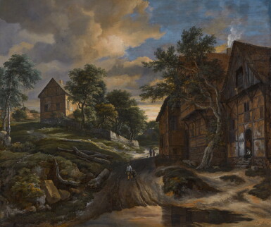 View full screen - View 1 of Lot 27. Farmhouses in a wooded hilly landscape with figures on a path near water.