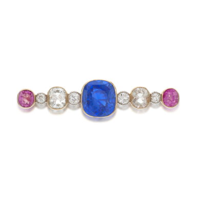 View full screen - View 1 of Lot 1066. Sapphire, pink sapphire, topaz and diamond brooch, circa 1910.