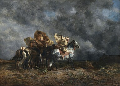 View full screen - View 1 of Lot 10. EUGÈNE FROMENTIN | WINDSTORM ON THE ESPARTO PLAINS OF THE SAHARA.