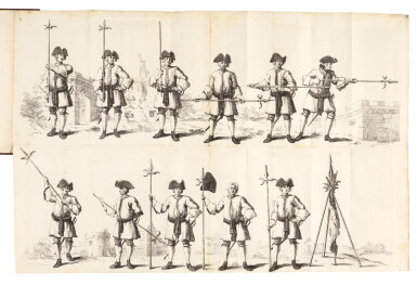 View full screen - View 1 of Lot 40. Blackwell, A compendium of military discipline, 1726, plates by Hogarth, red morocco by Zaehnsdorf.
