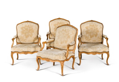 View full screen - View 1 of Lot 104. A set of four Louis XV carved beechwood fauteuils à la reine by Jean Gourdin, mid-18th century.