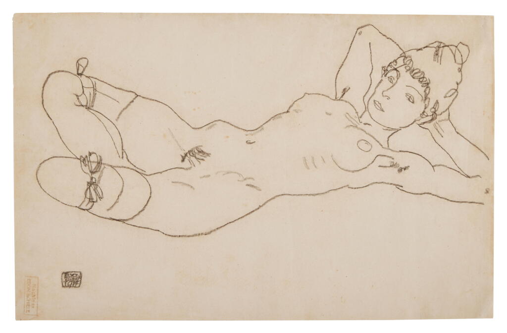 View full screen - View 1 of Lot 705. Liegender Frauenakt mit Strümpfen (Reclining Nude Woman with Stockings) .