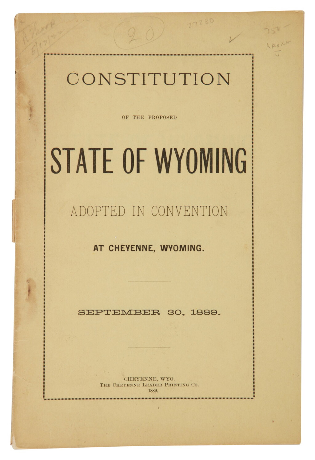 View full screen - View 1 of Lot 257. Wyoming | An early printing of the State Constitution.
