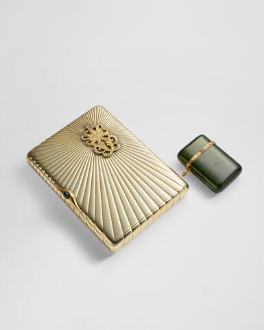 View full screen - View 1 of Lot 424. A Jeweled Silver-Gilt Cigarette Case and Gold-Mounted Nephrite Match Case, St Petersburg, circa 1900.
