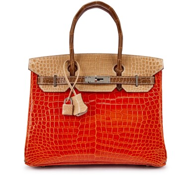 View full screen - View 1 of Lot 9732. Important Private Collection: Orange H, Poussière and Ficelle Shiny Porosus Crocodile Custom Birkin 30 Palladium Hardware, 2005 .