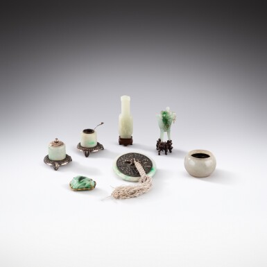 View full screen - View 1 of Lot 7. A group of jade and jadeite scholar’s implements and ornaments, Qing dynasty - Republican period | 清至民國 玉雕及翠玉雕文房器一組七件.