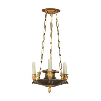 View full screen - View 1 of Lot 283. A Swedish Empire Gilt and Patinated Bronze Three-Light Hanging Lantern, Early 19th Century.
