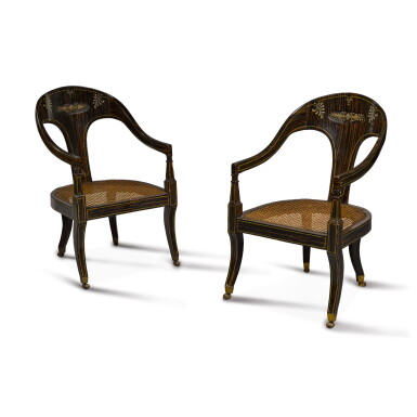 View full screen - View 1 of Lot 32. A pair of Regency simulated-coromandel 'Roman' open armchairs.
