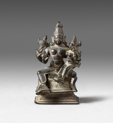 View full screen - View 1 of Lot 116. A copper-alloy figure of Uma-Maheshvara South India, 17th century | 印度南 十七世紀 合金銅烏瑪-大自在天坐像.