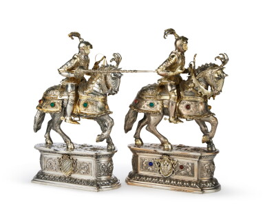 View full screen - View 1 of Lot 241. Two Continental Parcel-Gilt Silver and Cabochon-Mounted Jousting Knights, Mid 20th Century.