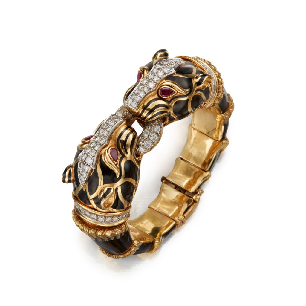 View full screen - View 1 of Lot 3. Gold, Enamel, Diamond and Ruby Bracelet.