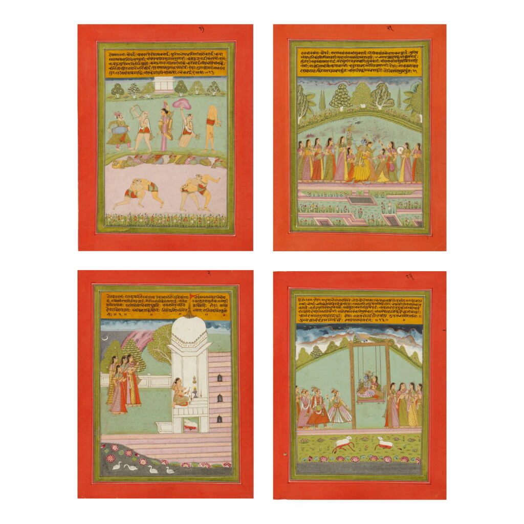 View full screen - View 1 of Lot 365. A GROUP OF FOUR ILLUSTRATIONS TO A RAGAMALA SERIES: VASANT, HINDOL, BAIRAVI AND DESAKHYA, INDIA, MALWA, MID-18TH CENTURY.