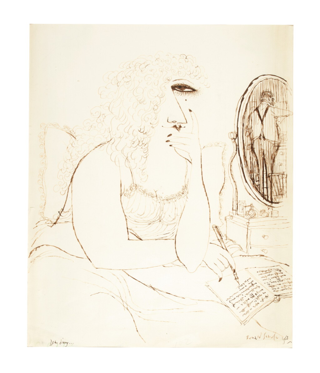 View full screen - View 1 of Lot 93. SEARLE | "Dear Diary", original ink drawing for Souls in Torment, 1953.