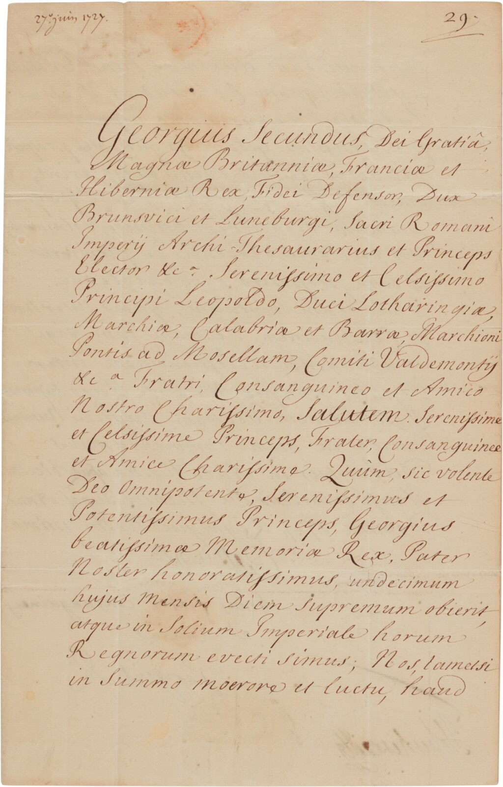 View full screen - View 1 of Lot 23. King George II | Letter signed, announcing the death of his father King George I, 27 June 1727.