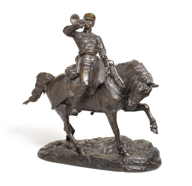 View full screen - View 1 of Lot 245. HUSSAR BUGLER: A BRONZE FIGURE, CAST BY CHOPIN AFTER THE MODEL BY EVGENY LANCERAY (1848-1886).