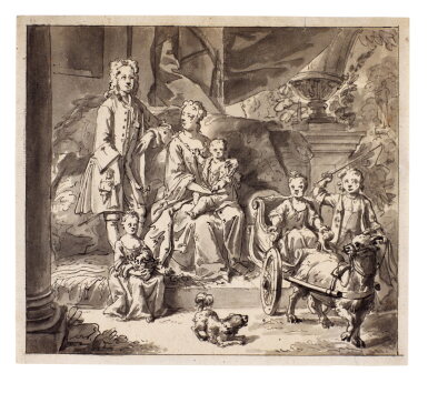 View full screen - View 1 of Lot 307. Elegant couple with four children on a terrace.