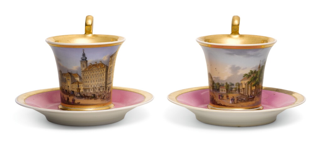 View full screen - View 1 of Lot 269. A pair of Vienna porcelain pink-ground topographical cup and saucers, 1846.