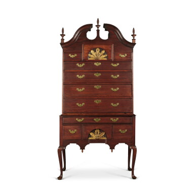 View full screen - View 1 of Lot 105. A Very Fine and Rare Queen Anne Bonnet-Top High Chest of Drawers, Boston, Massachusetts, dated 1750.