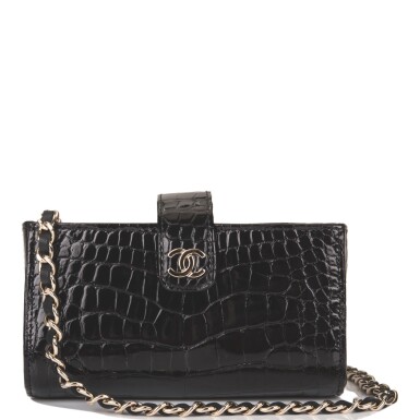 View full screen - View 1 of Lot 46. Chanel Black Shiny Alligator Mini Clutch with Light Gold Tone Hardware.