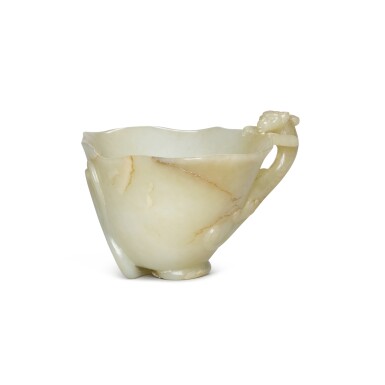 View full screen - View 1 of Lot 73. A pale celadon jade libation cup, Song - Ming dynasty | 宋至明 青白玉螭龍紋盃.