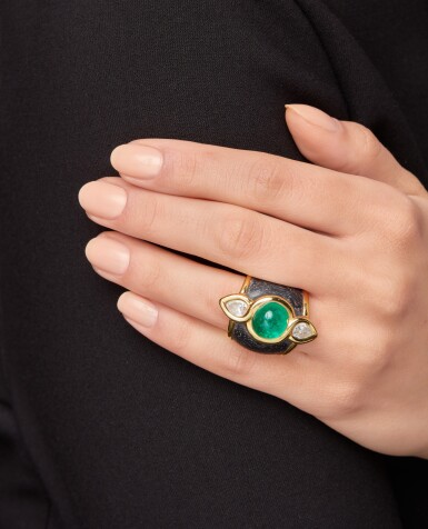 View full screen - View 1 of Lot 209. Emerald, Diamond and Wood Ring.