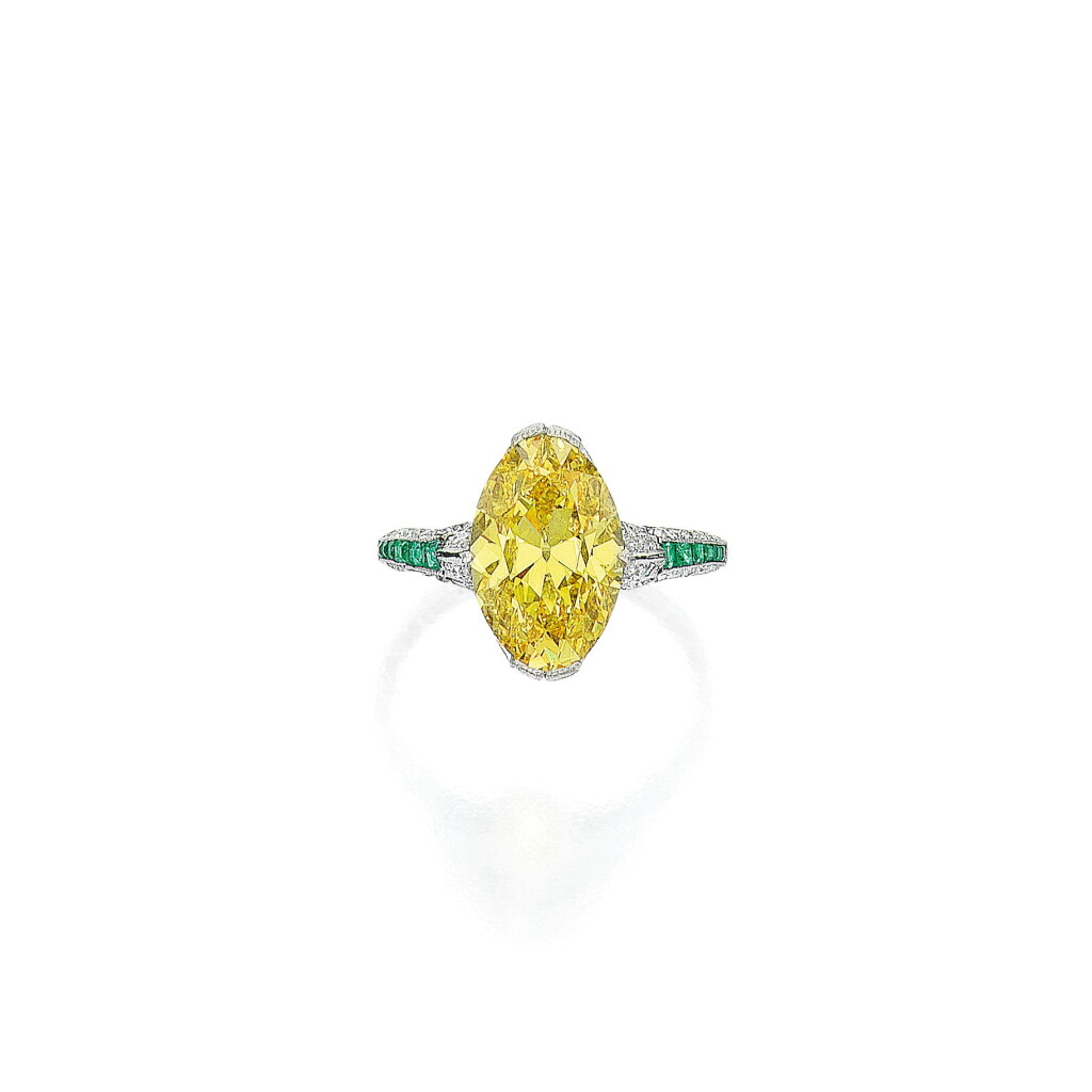 View full screen - View 1 of Lot 62. Fancy Vivid Yellow Diamond, Diamond and Emerald Ring.