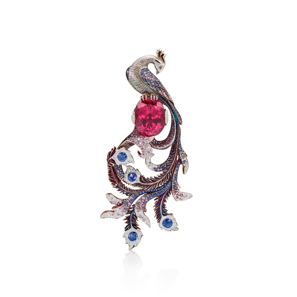 View full screen - View 1 of Lot 8014. Rubellite, Sapphire and Diamond Brooch | 碧璽 配 藍寶石 及鑽石 胸針.