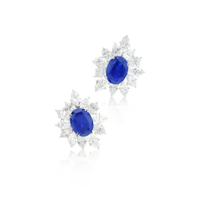 View full screen - View 1 of Lot 574. Pair of sapphire and diamond ear clips.