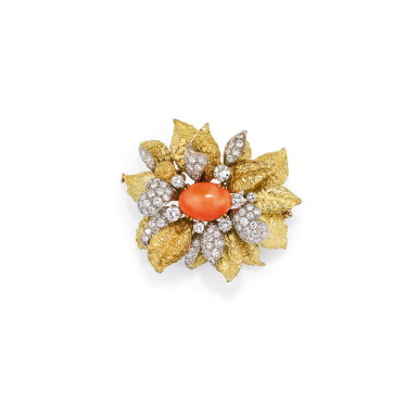View full screen - View 1 of Lot 67. BROCHE CORAIL ET DIAMANTS, VERS 1970 | CORAL AND DIAMOND BROOCH, 1970S.