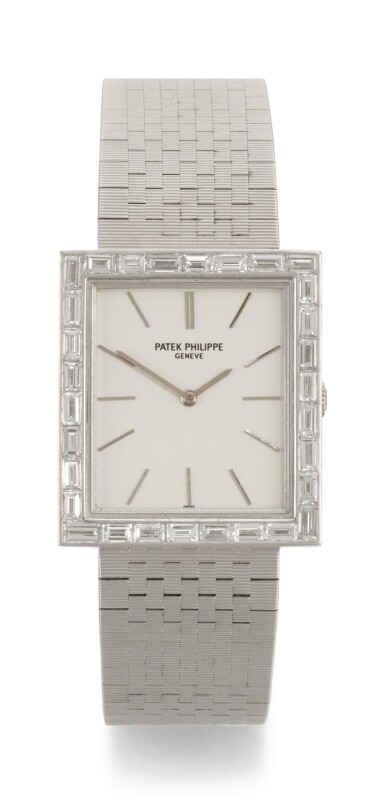 View full screen - View 1 of Lot 54. PATEK PHILIPPE | EXTRA-FLAT, REFERENCE 3540/2, WHITE GOLD DIAMOND-SET BRACELET WATCH, MADE IN 1971.