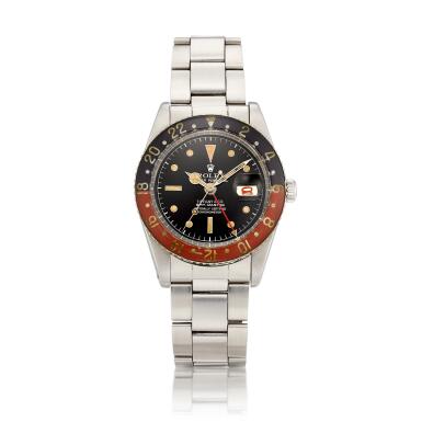 View full screen - View 1 of Lot 2072. GMT-Master, Reference 6542 | A stainless steel dual time zone wristwatch with bakelite bezel, date and bracelet, Retailed by Tiffany & Co., Circa 1958, from the collection of Hiroshi Fujiwara | 勞力士 | GMT-Master 型號6542 | 精鋼兩地時間鏈帶腕錶,備膠木錶圈及日期顯示,由 Tiffany & Co. 發行,約1958年製,原為藤原浩收藏.