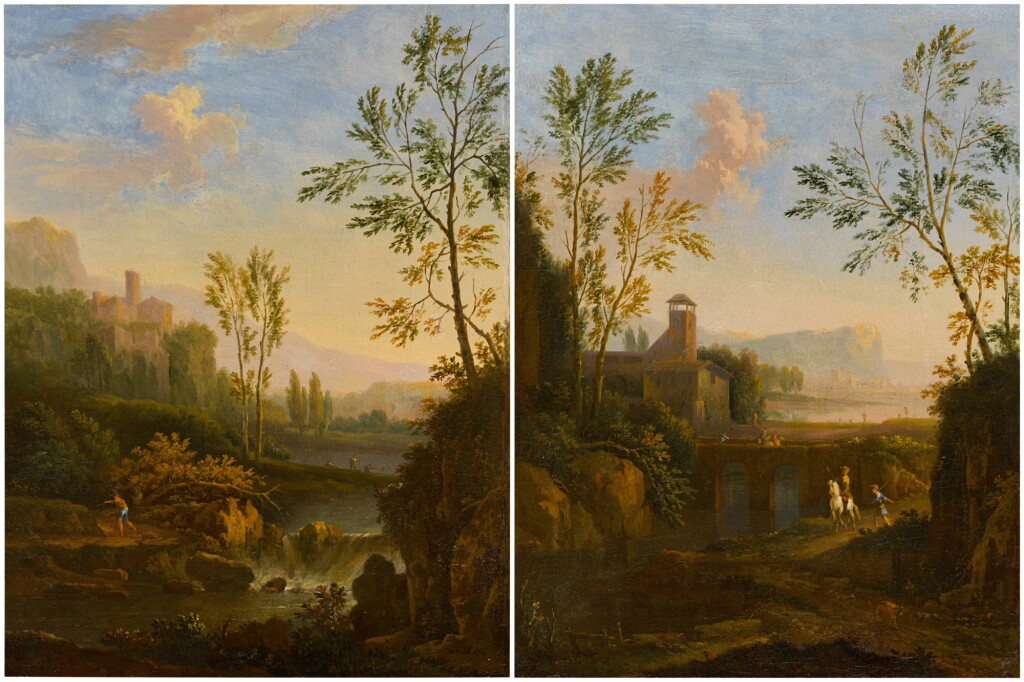 View full screen - View 1 of Lot 351. An Italianate river landscape with a waterfall and a figure on a path; and An Italianate river landscape with travellers crossing a bridge and a figure on horseback.