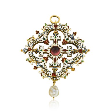View full screen - View 1 of Lot 1006. An enamel and baroque pearl Jerusalem Cross pendant, Spanish, circa 1630.