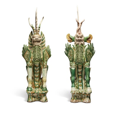 View full screen - View 1 of Lot 318. A large and impressive pair of sancai-glazed pottery figures of earth spirits, Tang dynasty | 唐 三彩鎮墓獸一對.