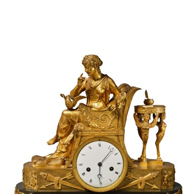 View full screen - View 1 of Lot 324. A Directoire Ormolu and Patinated Bronze Sculptural Mantel Clock, the case by Claude Galle, Circa 1800.