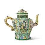 A Chinese Famille-Verte Biscuit 'Three Friends of Winter' Hexagonal Winepot and Cover, Qing Dynasty, Kangxi Period