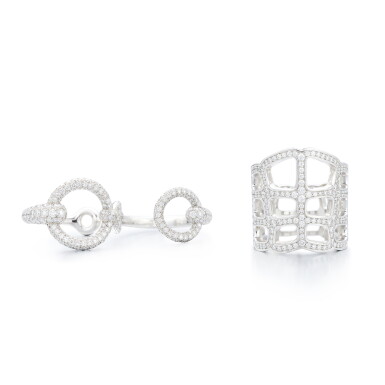 View full screen - View 1 of Lot 6151. Set of 2 18K White Gold and Diamonds Niloticus Ombre Ring and 18K White Gold and Diamonds Filet d'Or Double Ring.