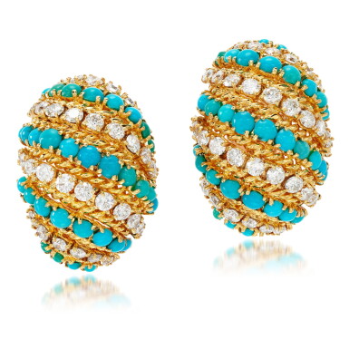 View full screen - View 1 of Lot 139. Pair of turquoise and diamond ear clips, 1960s.