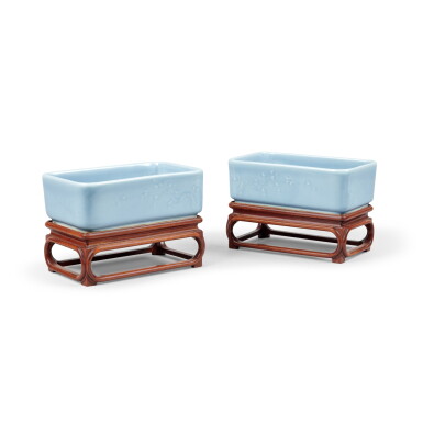 View full screen - View 1 of Lot 1751. A Pair of Chinese Rectangular Light Blue-Glazed ‘Floral’ Jardinières, Qing Dynasty, 19th Century | 清十九世紀 天藍釉花卉紋長方盆一對.