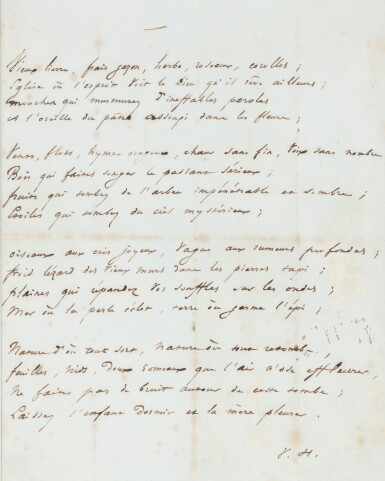 View full screen - View 1 of Lot 34. Poème autographe signé, paru dans Les Rayons et les Ombres : "Écrit sur le tombeau d'un petit enfant au bord de la mer". Provenance Auguste Vacquerie. .