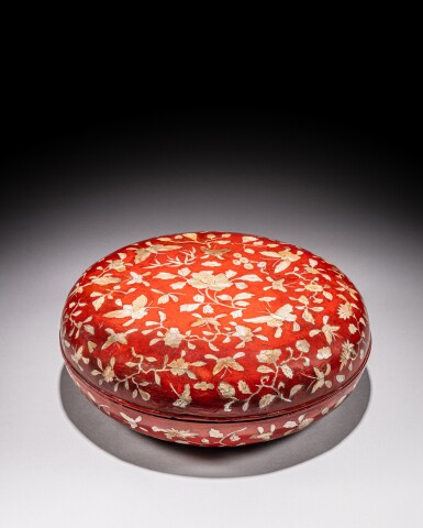 View full screen - View 1 of Lot 311. A mother-of-pearl-inlaid red lacquer 'flowers and butterfly' box and cover, Late Ming dynasty.