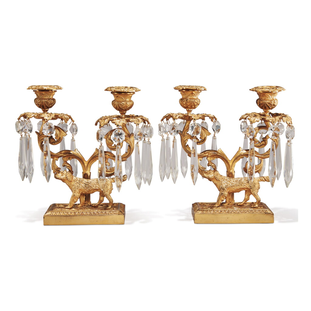 View full screen - View 1 of Lot 857. A PAIR OF WILLIAM IV GILT BRONZE AND CUT CRYSTAL DOG CANDELABRA, CIRCA 1830.