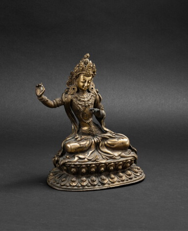 View full screen - View 1 of Lot 60. Figure de Manjusri en bronze doré Dynastie Qing, XVIIIE siècle | 清十八世紀 鎏金銅文殊菩薩坐像 | A gilt-bronze figure of Manjusri, Qing Dynasty, 18th century.
