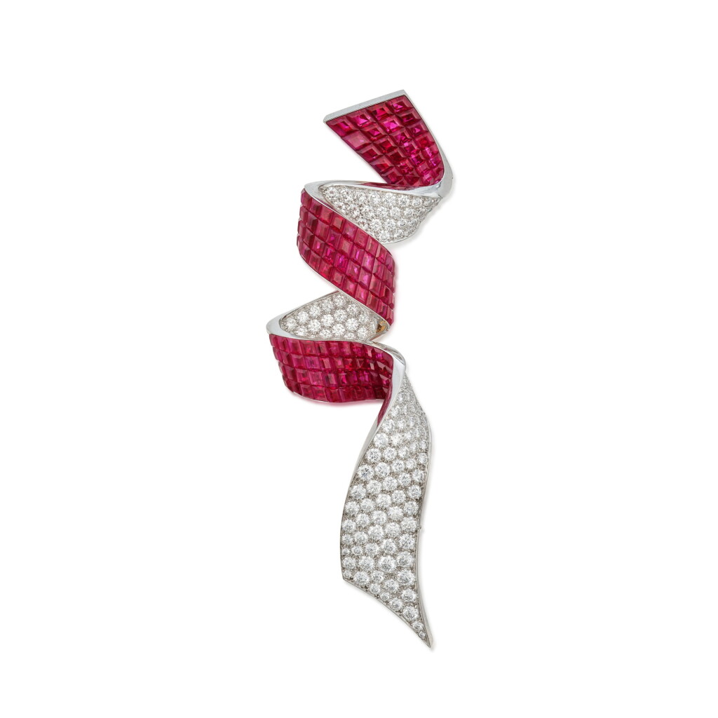 View full screen - View 1 of Lot 27. 'Mystery-Set' Ruby and Diamond Clip-Brooch, France.