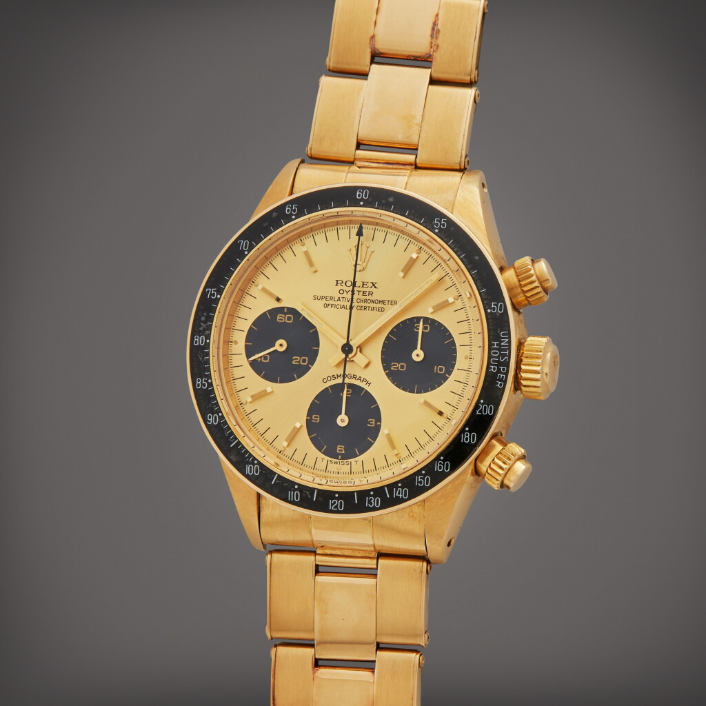 View full screen - View 1 of Lot 106. Reference 6263 Daytona | A yellow gold chronograph wristwatch with bracelet, Circa 1978 | The Hammer Collection.